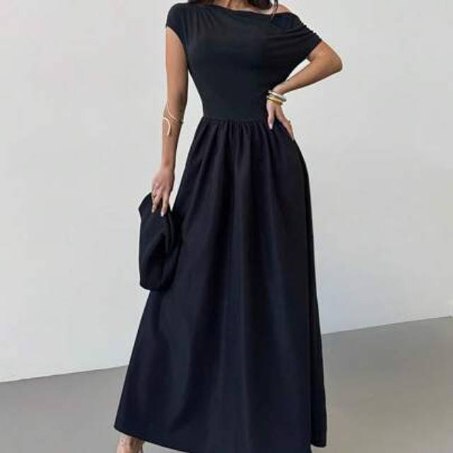 Firerie Women&#39;s Summer New Asymmetric Shoulder Short Sleeve A-Line Midi Dress, Pleated Front, Asymmetric Shoulder, A-Line Pleated Midi Dress, Suitable For Con