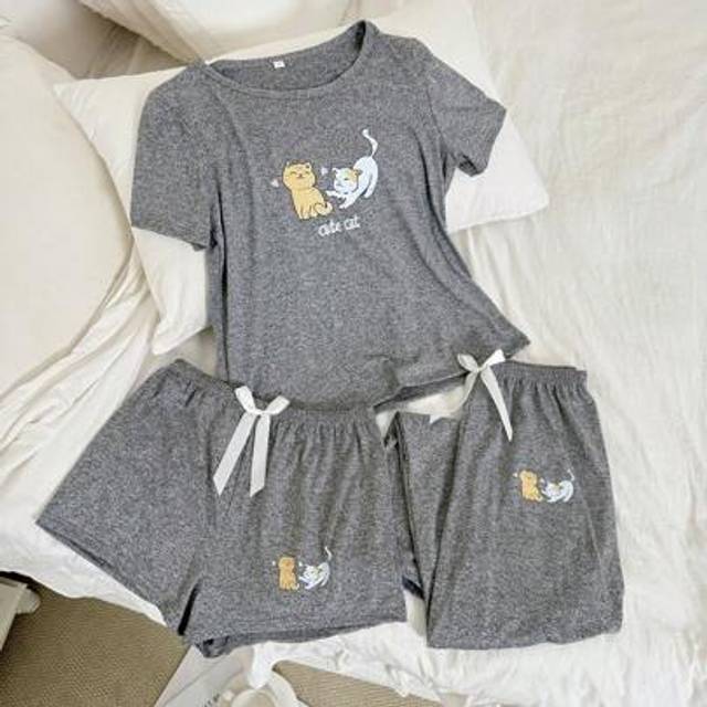 SHEIN 3pcs Cute Cat Print Short Sleeve Pajama Set With Shorts