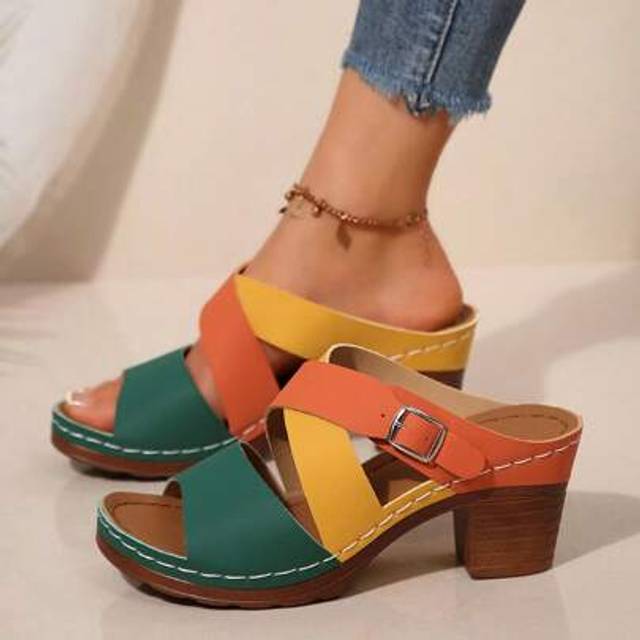 SHEIN New Fashion Wedge Slip-On Women Roman High Heel Sandals, Criss-Cross Strap, Suitable For Party, Beach, Home Wear