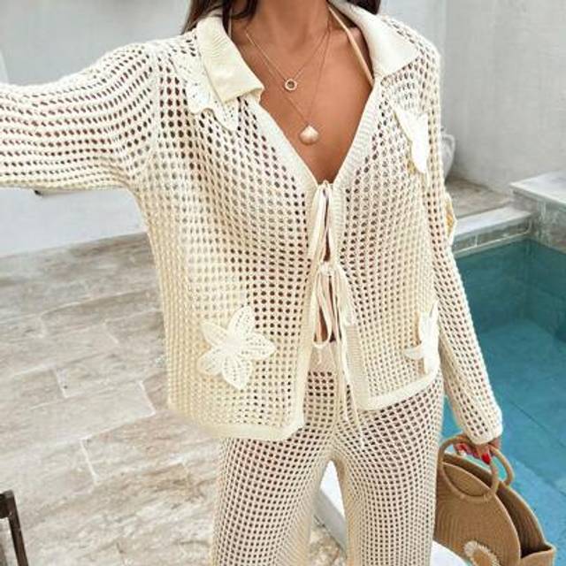 SHEIN Women&#39;s Women Summer Crochet Beach Vacation Spring Resort Wear Boho Cotton White Party Sun Dress Outfits For Women Two Pieces 2pcs Set Co-Ord Beach We