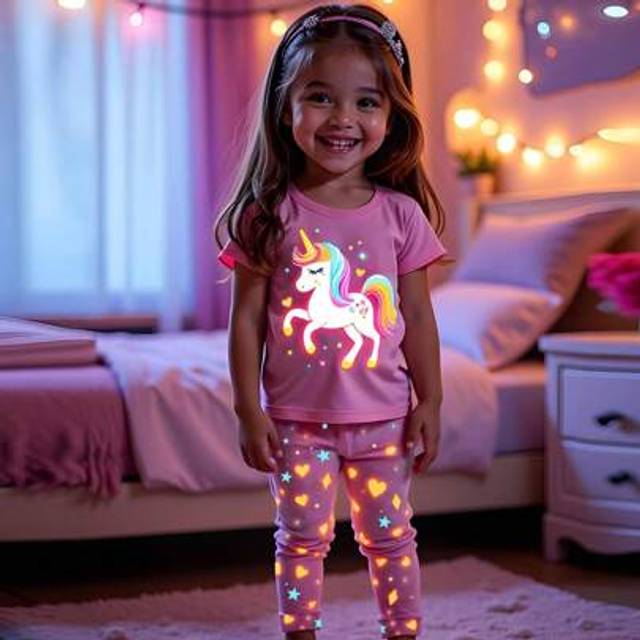 SHEIN Young Girls Pajama Sets - Cute Unicorn Print Glow In The Dark Casual Comfortable Fashion Round Neck Short Sleeve Top With Printed Long Pants 2 Pieces