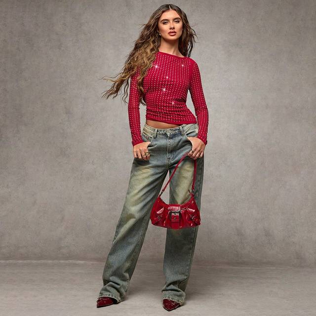 SHEIN 1pc Women Casual Rhinestone Embellished Crewneck Long Sleeve T-Shirt, Autumn