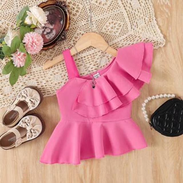 SHEIN Young Girls Solid Color Ruffle Trim Blouse, Spring/Summer