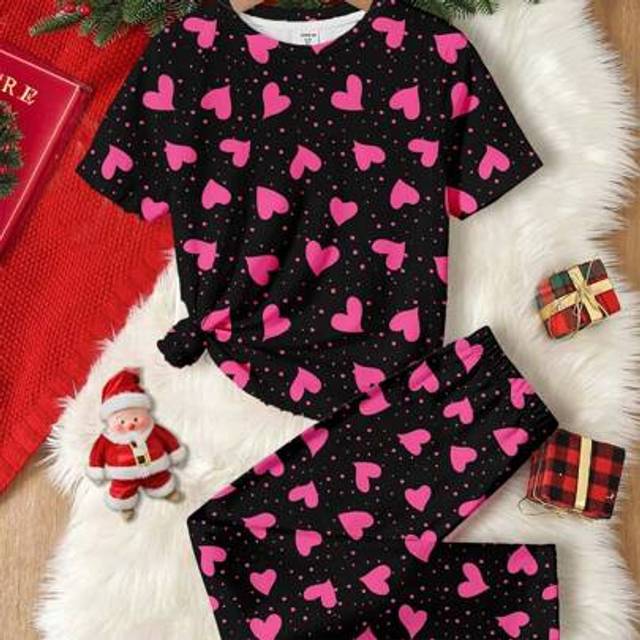 SHEIN 2pcs Young Girl Casual Cartoon Pattern Short Sleeve T-Shirt And Leggings Homewear Set, Suitable For Spring And Summer