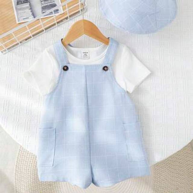SHEIN 3pcs Baby Boy Casual Holiday Summer Knitted White T-Shirt, Plaid Bib Pants, Suspender Pants And Sun Hat Set, Suitable For Birthday Party, Evening Part