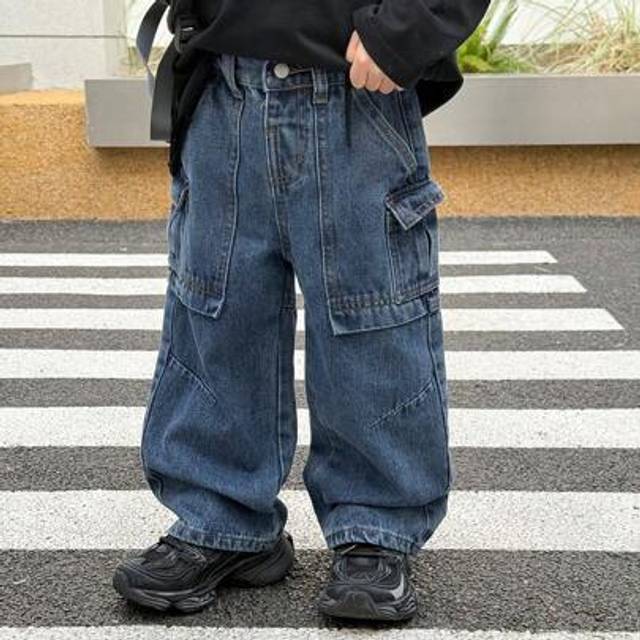 SHEIN Young Boys Street Cool Distressed Retro Baggy Loose Fit Blue Denim Cargo Pants ,Leisure And Versatile For Kids Daily Wear Clothes And Streetwear Outfi