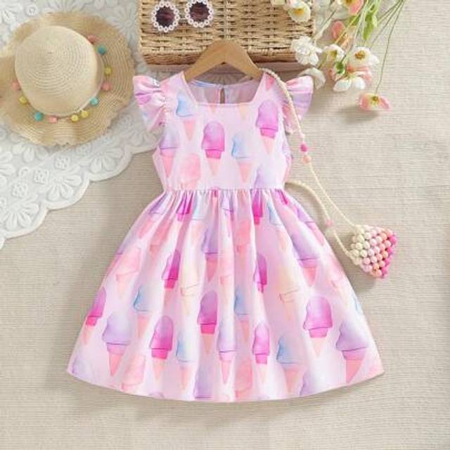 SHEIN Young Girl Sweet Cartoon Ice Cream Print Cap Sleeve Dress, Suitable For Everyday, Entertainment, Travel, Vacation, Party, Gift, Summer