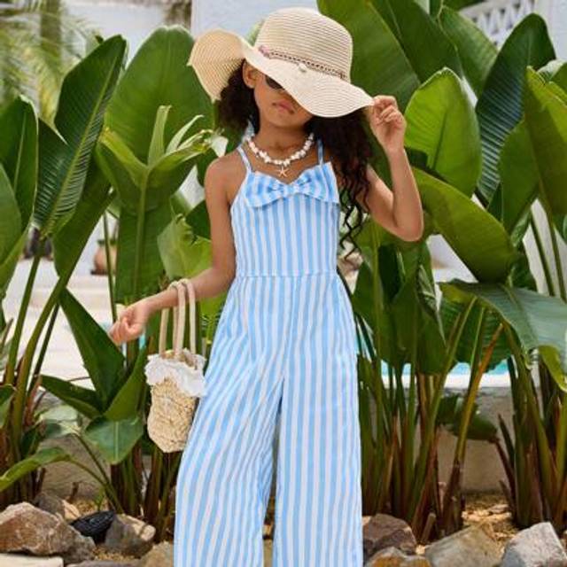 SHEIN Young Girl Striped Bow Decor Jumpsuit, Casual Holiday Style
