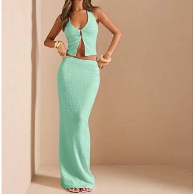 SHEIN 2 Pieces Women Summer Solid Color Sexy Deep V-Neck Halter Textured Backless Crop Top & Long Maxi Skirt Set, Vacation White Outfit
