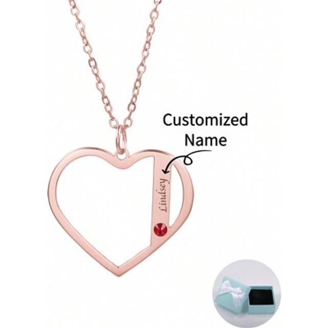 SHEIN Personalized Name Engraved Inlaid Birthstone Heart Pendant Necklace, Customized Mother&#39;s Day Gift, Valentine&#39;s Day Gift, Anniversary Gift, Christmas G