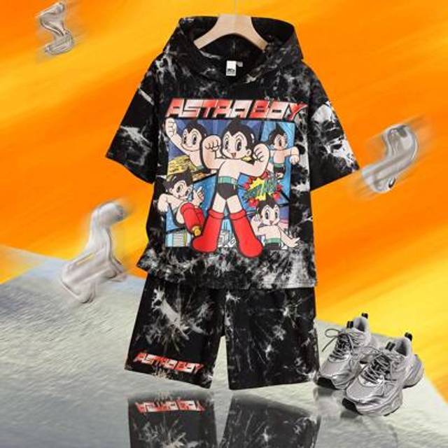 SHEIN Tween Boy Cartoon Metal Shield Black Tie Dye Hooded Short Sleeve T-Shirt And Loose Shorts Set
