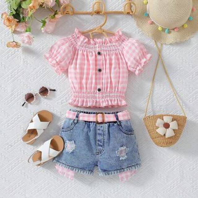 SHEIN Young Girl Plaid Puff Sleeve Top And Ripped Denim Shorts Set