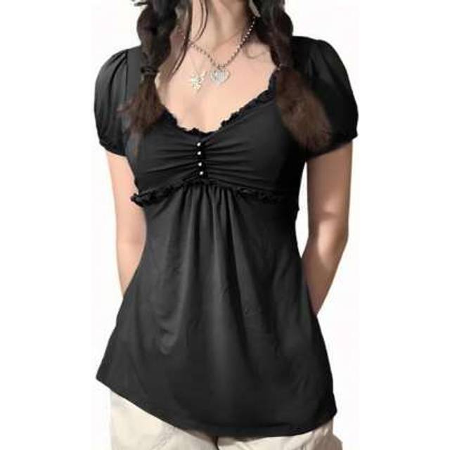 SHEIN Womenacute;S Summer Elegant T-Shirt, Short Sleeves V-Neck Ruffled Bead Decoration A-Line Tops