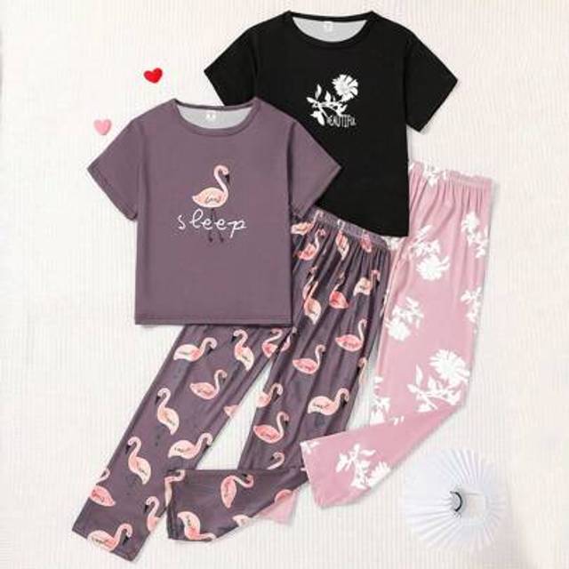 SHEIN 2pcs/Set Girls Flamingo Print Top And Pants Home Outfit, Dark Blue