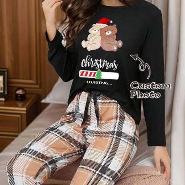 SHEIN 2pcs/Set Women Customized Casual Black Long Sleeve Funny T-Shirt & Plaid Pajama Pants, Comfortable Sleepwear Set Suitable For Home And Casual Wear, Pe