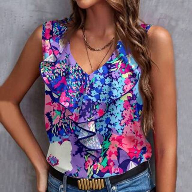SHEIN Blue & Purple Abstract Print V-Neck Sleeveless Ruffle Hem Fitted Blouse For Women, Casual Summer Daily Wear & Vacation