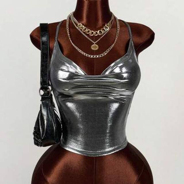 SHEIN Y2K   Clothes Music  Festival Rave Grunge Punk Backless Criss-Cross Strap Plunge Neck Metallic Coated Camisole