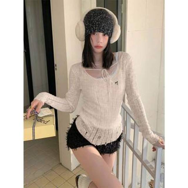 SHEIN Korean Version Of Fashion Big Round Neck Slim-Fit Hole Knitwear Design Sense Off-The-Shoulder Tie Bow Long-Sleeved Sweater Ladies, Spring And Summer O