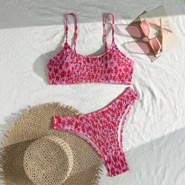 Swim Vcay Popular Tropical Floral Print Ruffled Halter Neck Triangle Cup Separate Swimwear Set, Beach Holiday Vacation Beachwear Bikini