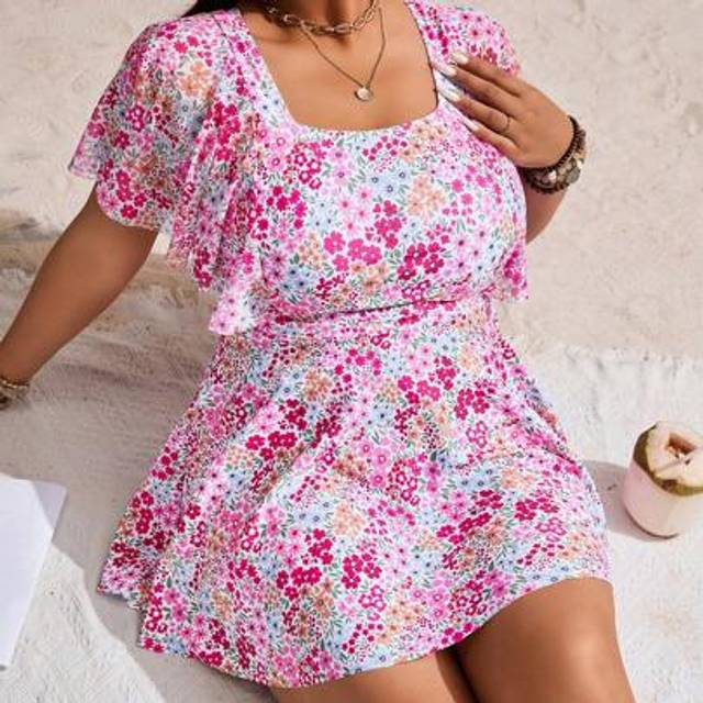 Swim Lushoire Plus Size Women Ditsy Floral Short Sleeve Cover-Up Tankini & Swim Skirt Set For Summer Beach Vacation