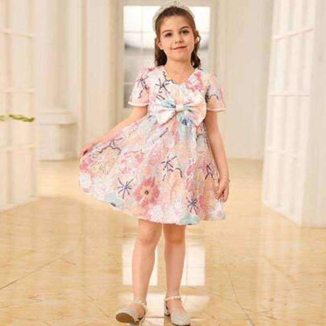SHEIN Easter, Flower Girl, Birthday Party, Wedding Formal Dress For Young Girl, Pink Sequin Embroidered Mesh Front, Bow Decor, Puff Sleeves, Suitable For Fo