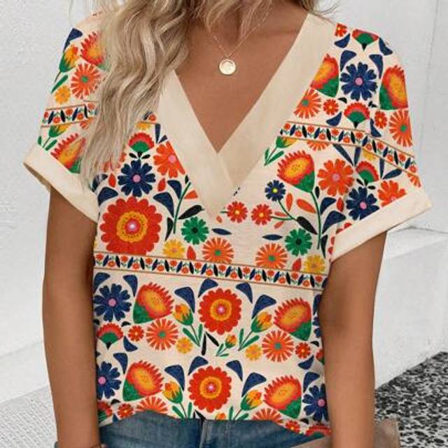 SHEIN Women&#39;s Casual V-Neck Layered Sleeves Floral Print T-Shirt, Popular Element, Spring/Summer