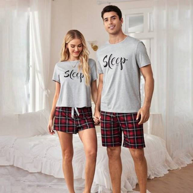 SHEIN 2pcs Men&#39;s Letter Print Pullover Pajamas Set With Plaid Shorts, Sleepwear