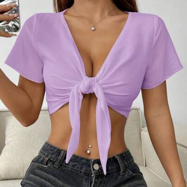 SHEIN Women&#39;s Lilac Purple Semi-Sheer Woven Fabric Deep V Neck Tie Front Micro Crop Blouse: Casual And Chic Short Sleeve Summer Top