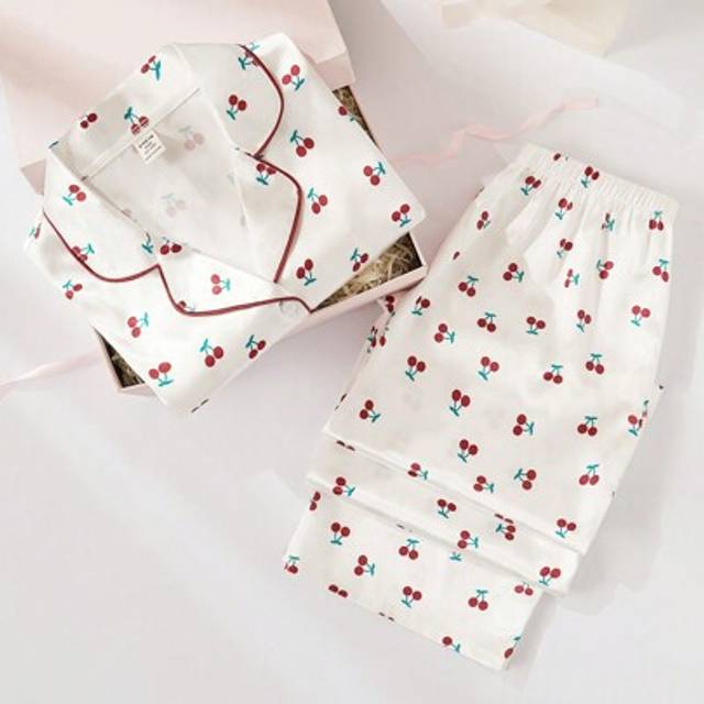 SHEIN 2pcs/Set Teen Girls White Base Elegant & Cherry Print Long Sleeve Top And Pants Pajamas Set Cherry Pajamas  Girls Pajama Sets Silk Heart Pajama Set Sa