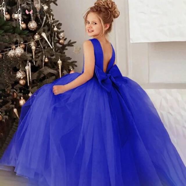 SHEIN Tween Girls Bow Backless Deep V-Neck Mesh Prom Princess Dress, Suitable For Birthday Party, Easter, Flower Girl, Wedding, Formal Occasions, Holiday Dr