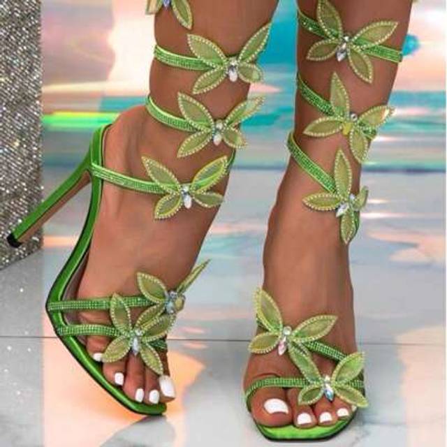 SHEIN Snake Wrap High Heels Rhinestone Floral Thin Heel Sandals, Fashion Runway Style, Factory Direct