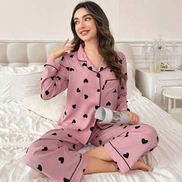 SHEIN Contrasting Trim Collar Open Front Heart Bubble Crinkle Women Pajama Set
