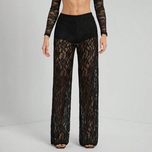 SHEIN Women&#39;s Solid Color Lace Sheer Long Pants