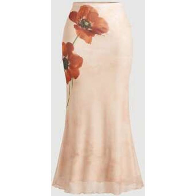 SHEIN Vintage Apricot New Chinese Style: Oversized Floral Print Mermaid Skirt - Dreamy Romantic Retro 70s & Y2K Aesthetic For Seaside Holidays, Dates, And P