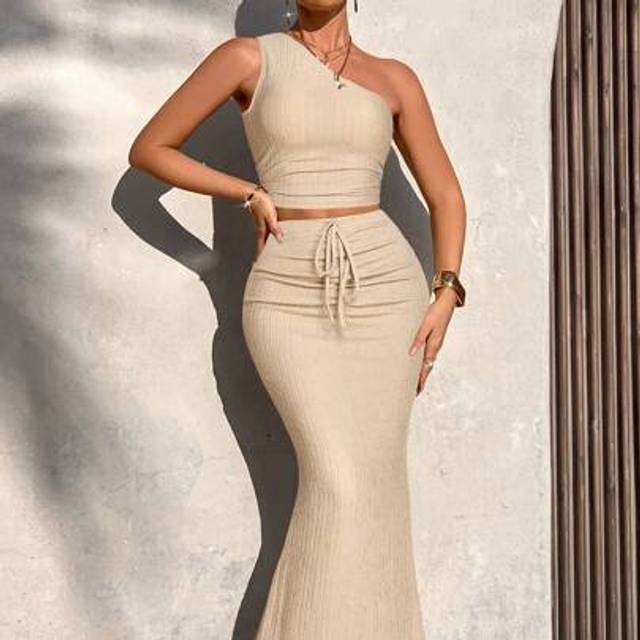 SHEIN Women&#39;s Summer Casual Striped One-Shoulder Ruched Short Top & Ruched Mermaid Skirt Two Pieces Set (Random Print)