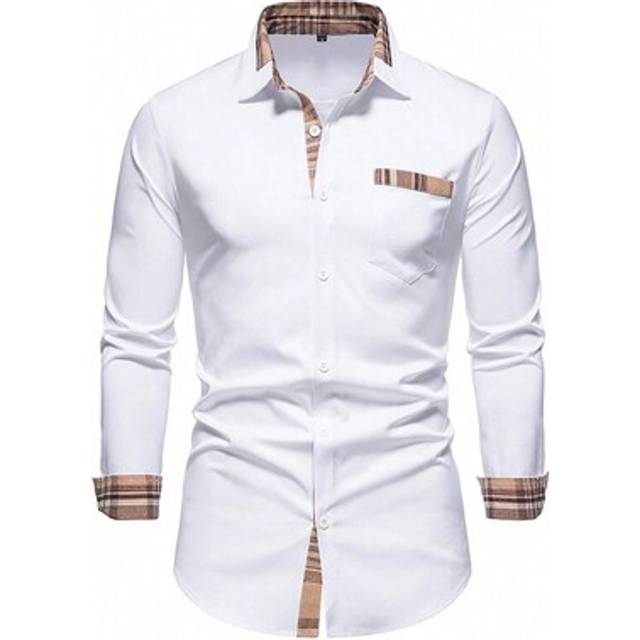 SHEIN Men&#39;s Casual Business Plaid Patchwork Open Front Long Sleeve Shirt, Spring & Autumn