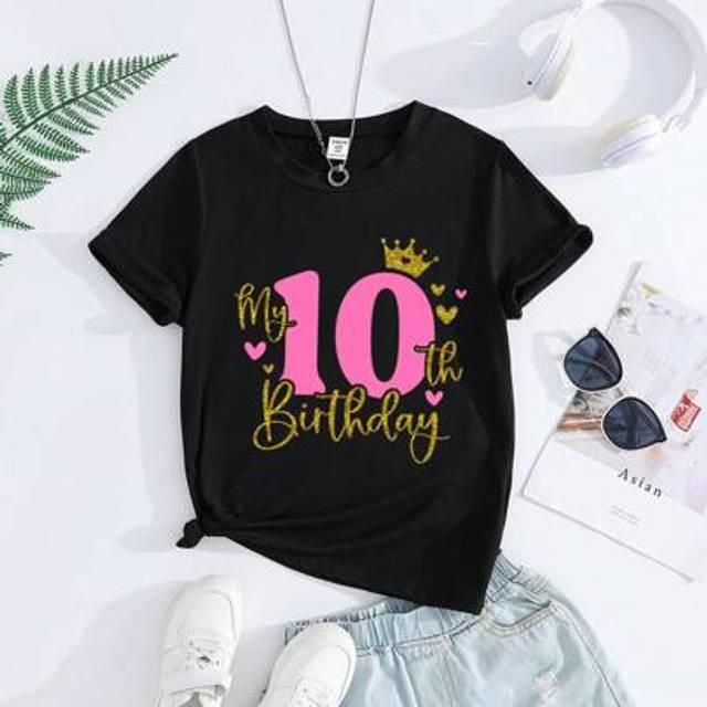 SHEIN Tween Girl 10th Birthday 3D Sequin Crown Graphic Round Neck Short Sleeve Black T-Shirt