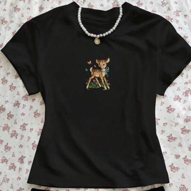 SHEIN Women&#39;s Casual Round Neck Short Sleeve T-Shirt With Deer, Floral & Butterfly Prints, Summer