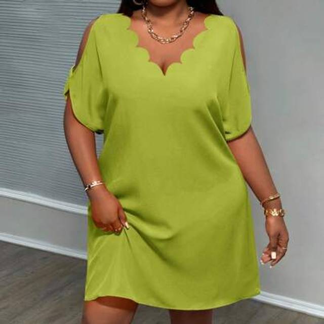 Slaydiva Plus Size Dress With Hollow Sleeves And Scallop Edge Collar,Summer Outfits For Women,Sun Dresses For Women