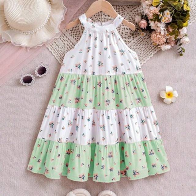 SHEIN Girls Ditsy Floral Tiered Colorblock Sleeveless Dress, Suitable For Casual Occasions Like Picnics And Parks In Summer. Fits Girls Ages 4-7