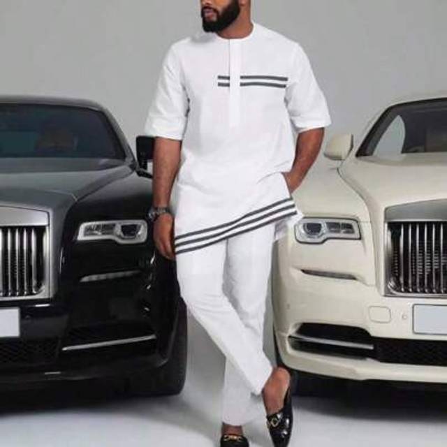 SHEIN Kaftan Men&#39;s Set 2 Pieces African Men&#39;s Striped Color Block Shirt And Casual Pants Set Luxury Elegant Men&#39;s Set