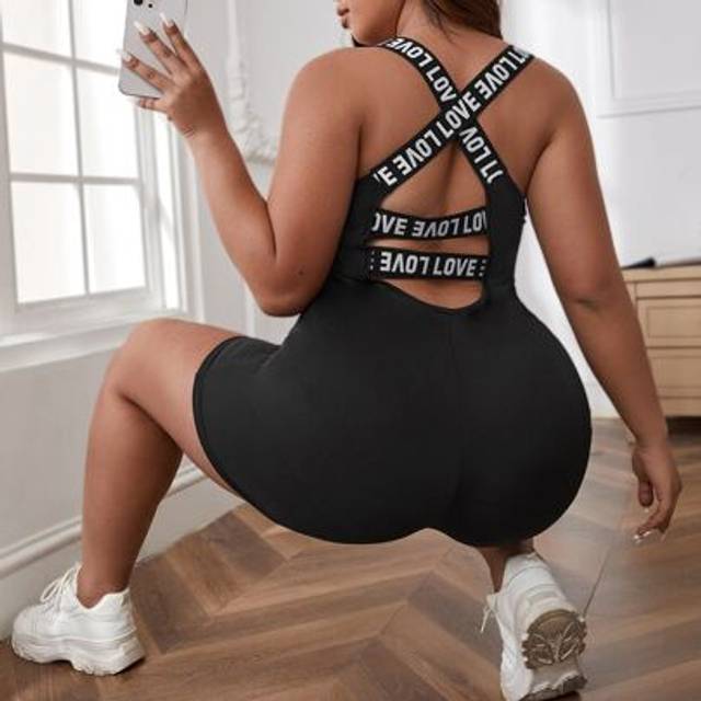 SHEIN Plus Letter Tape Panel Crisscross Back Unitard Romper