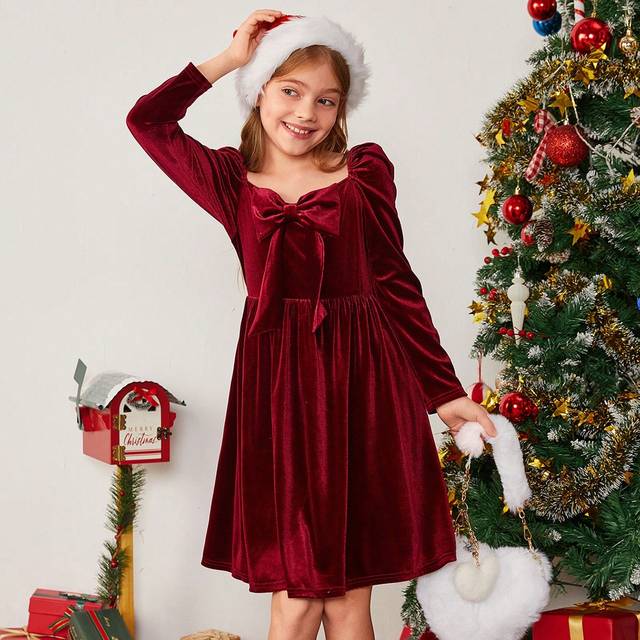 SHEIN Tween Girl Sweetheart Neck Bow Decoration Puff Sleeve Velvet Grace Dress For Christmas,Party,Daily Outings,Birthday Party, New Year Party, Mother-Daug