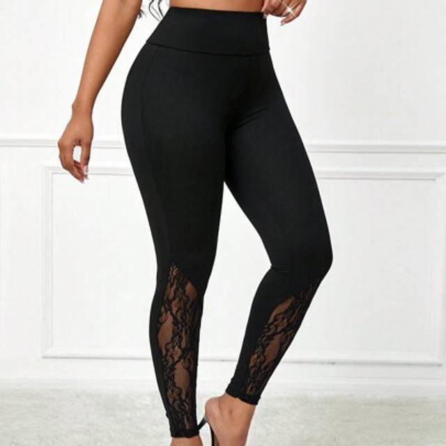 SHEIN Elegant Solid Lace Patchwork High Waist Women&#39;s Leggings