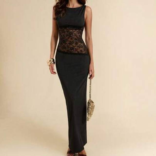 SHEIN Spring & Summer Solid Black Sleeveless Bodycon Waist Lace Splice Sheer Super Long Asymmetrical Dress, Resort Sexy Dress, Sheer Dress,Rave Outfits Fest
