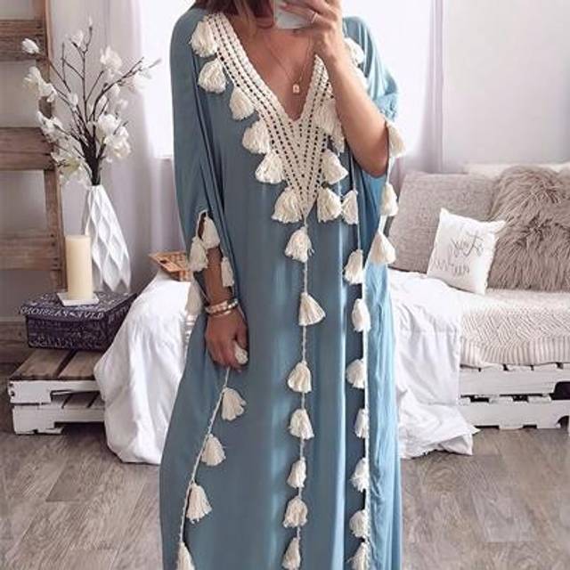 SHEIN Women&#39;s V-Neck Casual Comfortable Tasseled Patchwork Kaftan Dress