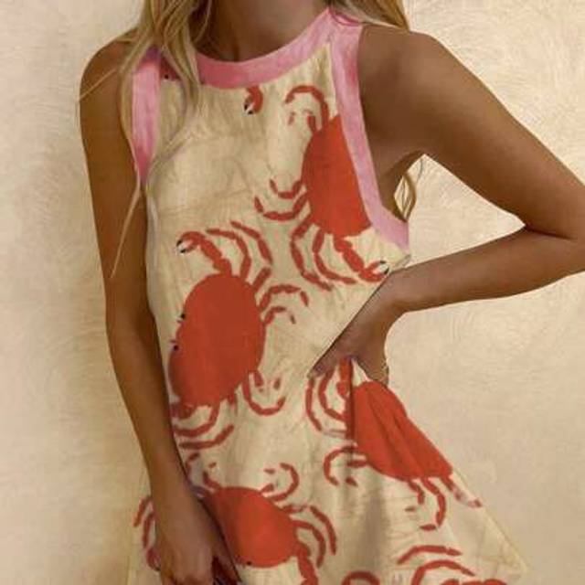 SHEIN Women&#39;s Spring And Autumn Fashionable Elegant Sexy Sleeveless Yellow Random Crab Pattern Dress