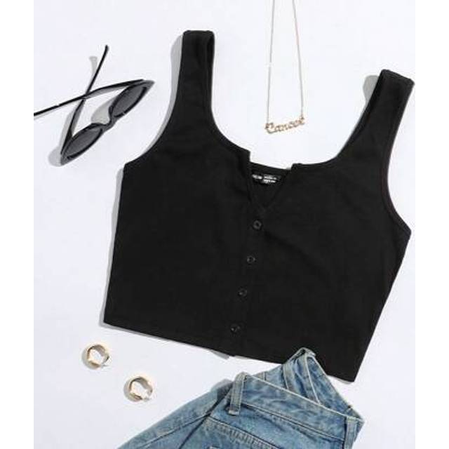 SHEIN Notched Neck Button Front Cropped Tank Top, Going Out Top