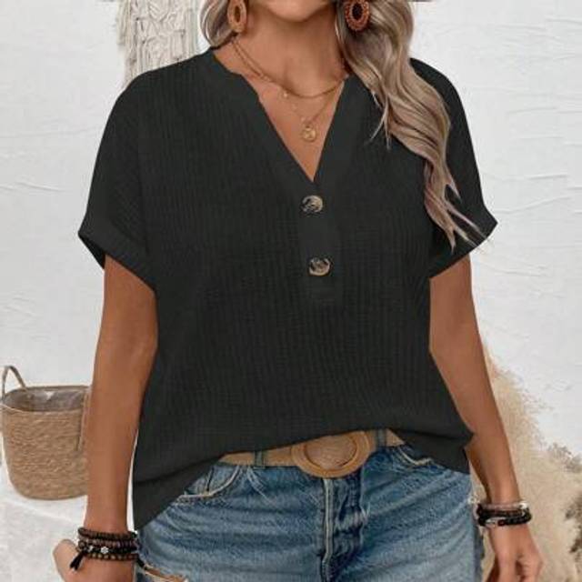 SHEIN Plus Size Women New Fashion Casual V-Neck Button Loose Raglan Short Sleeve T-Shirt