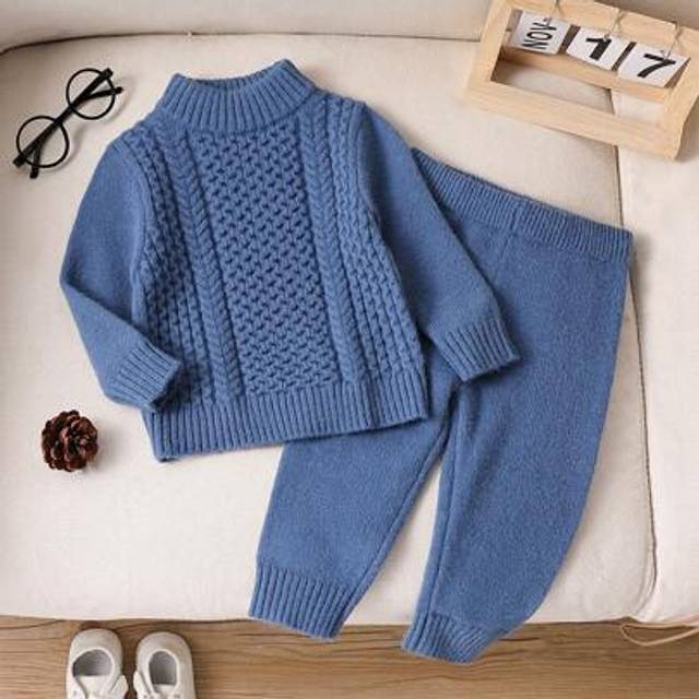 SHEIN 2pcs/Set Baby Boy/Girl Casual Japan-Inspired Soft Warm Blue Jacquard Knit High Collar Sweater & Pants Set, Suitable For Autumn/Winter Indoor & Outdoor